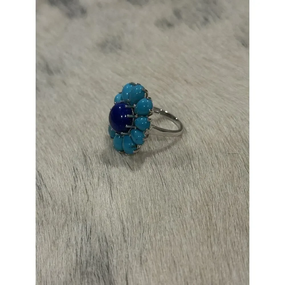 Elizabeth Adams Sterling Silver Turquoise Lapis Flower Cluster Prong Set Ring 7